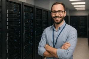 Représentation photoréaliste : salle des serveurs, un informaticien moderne se détend entre les serveurs web - image symbolique pour les revendeurs d'hébergement web.