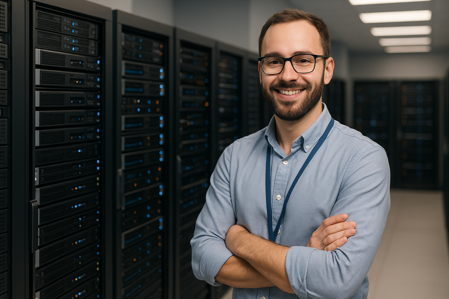 Représentation photoréaliste : salle des serveurs, un informaticien moderne se détend entre les serveurs web - image symbolique pour les revendeurs d'hébergement web.