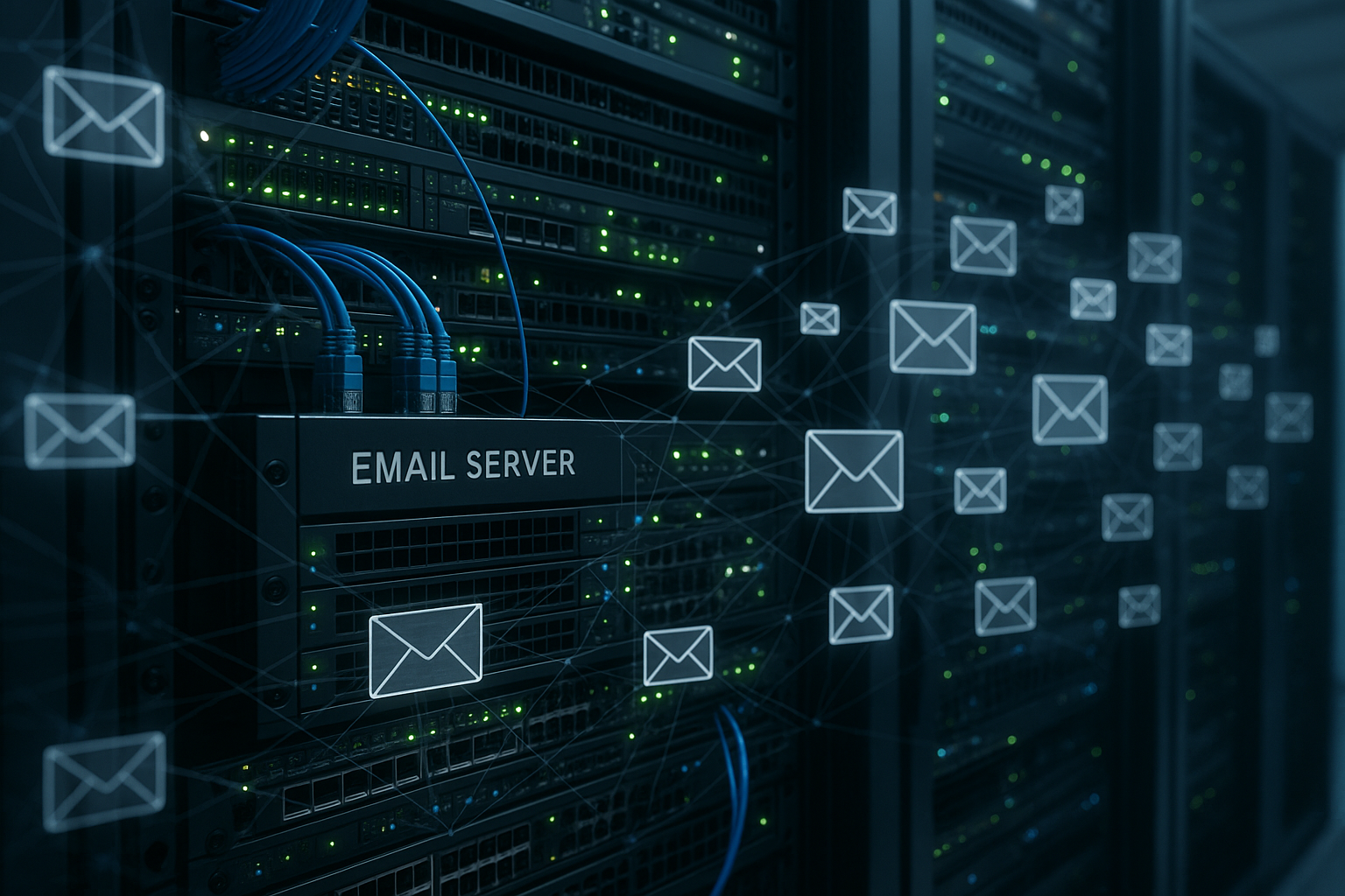 Salle de serveurs moderne avec représentation du trafic des e-mails