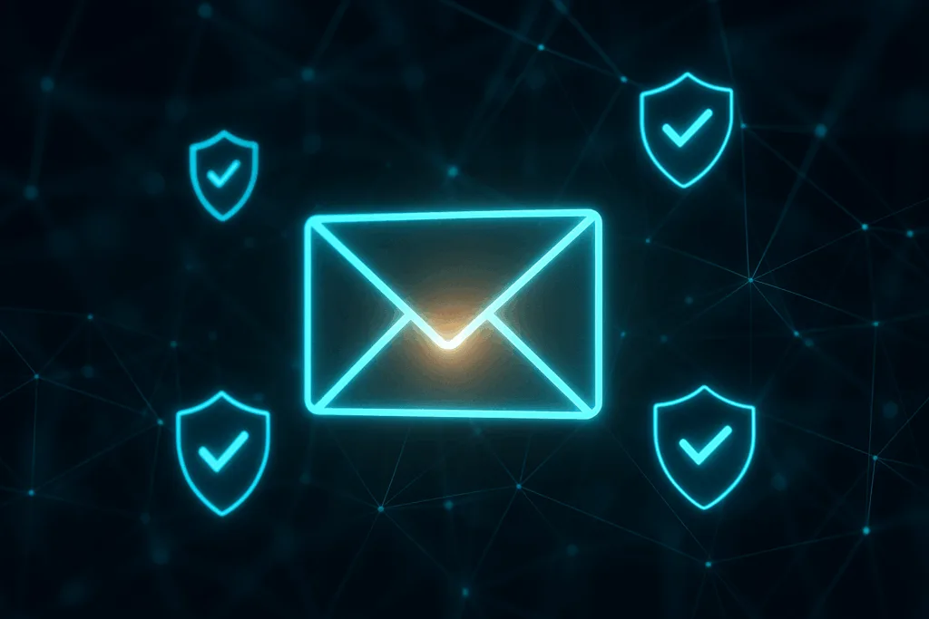 Représentation photoréaliste d'un concept de sécurité du courrier électronique avec des symboles de protection numériques.