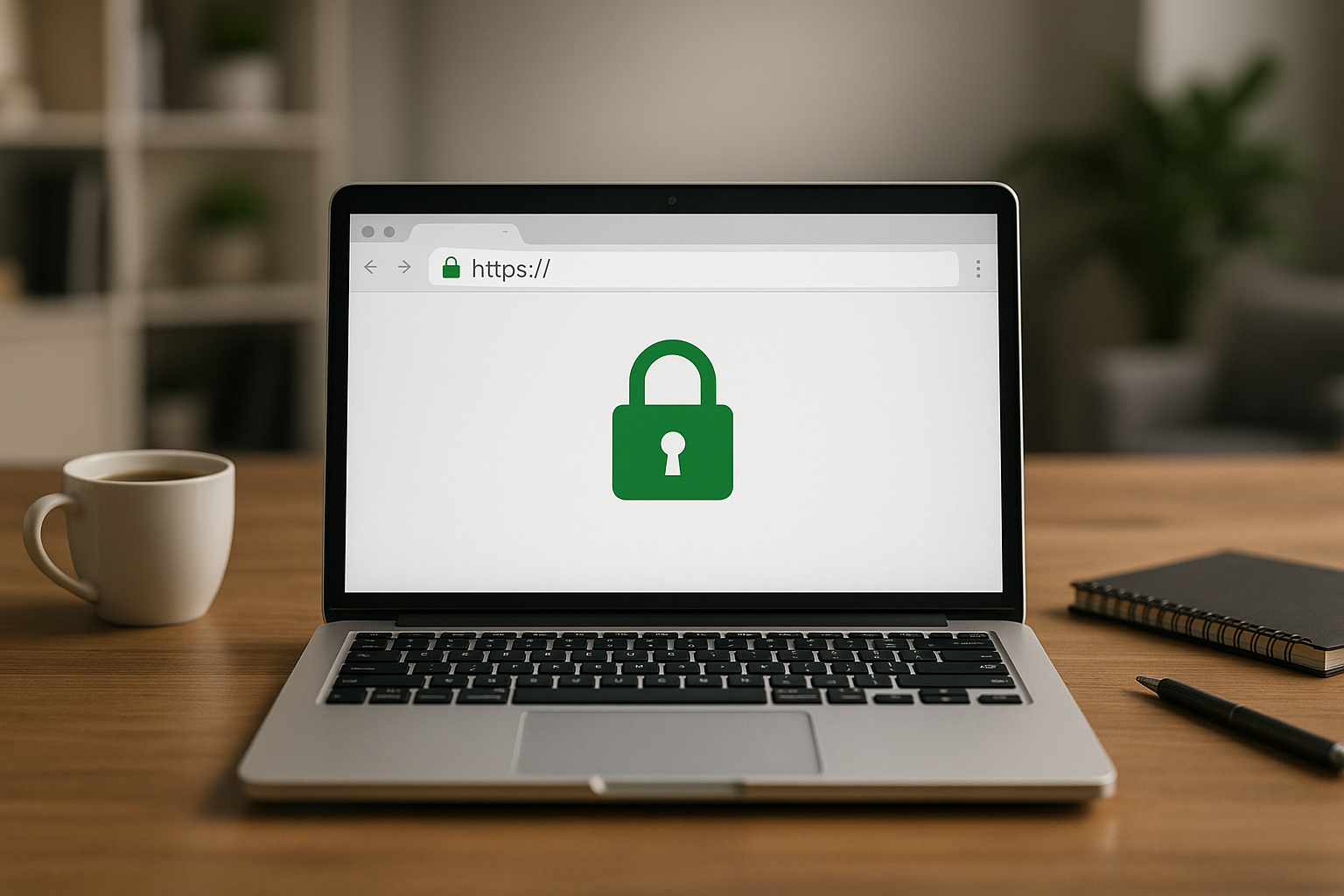 Un ordinateur portable équipé d'un navigateur affiche un certificat SSL activé sur une page Web moderne