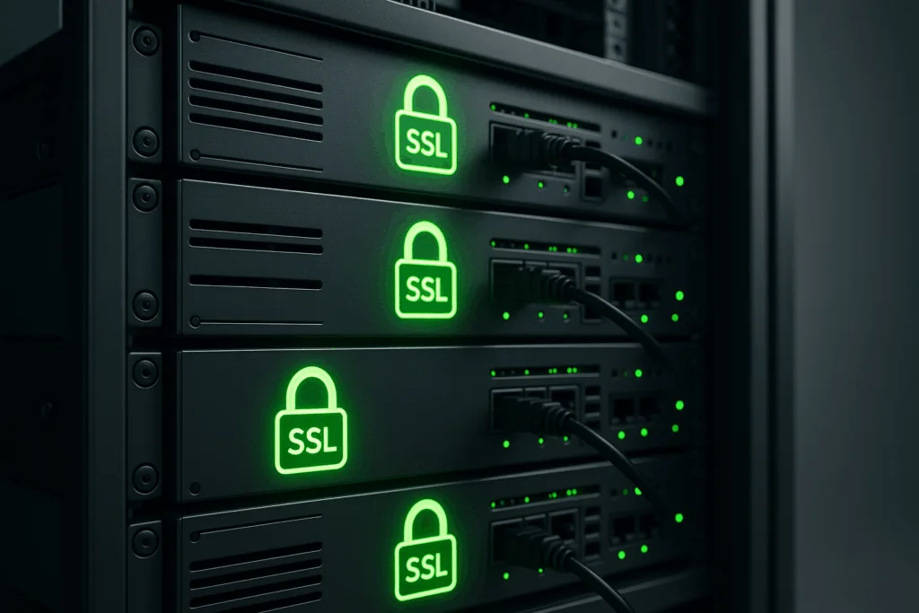 Représentation photoréaliste de serveurs avec icônes de cryptage SSL pour l'hébergement