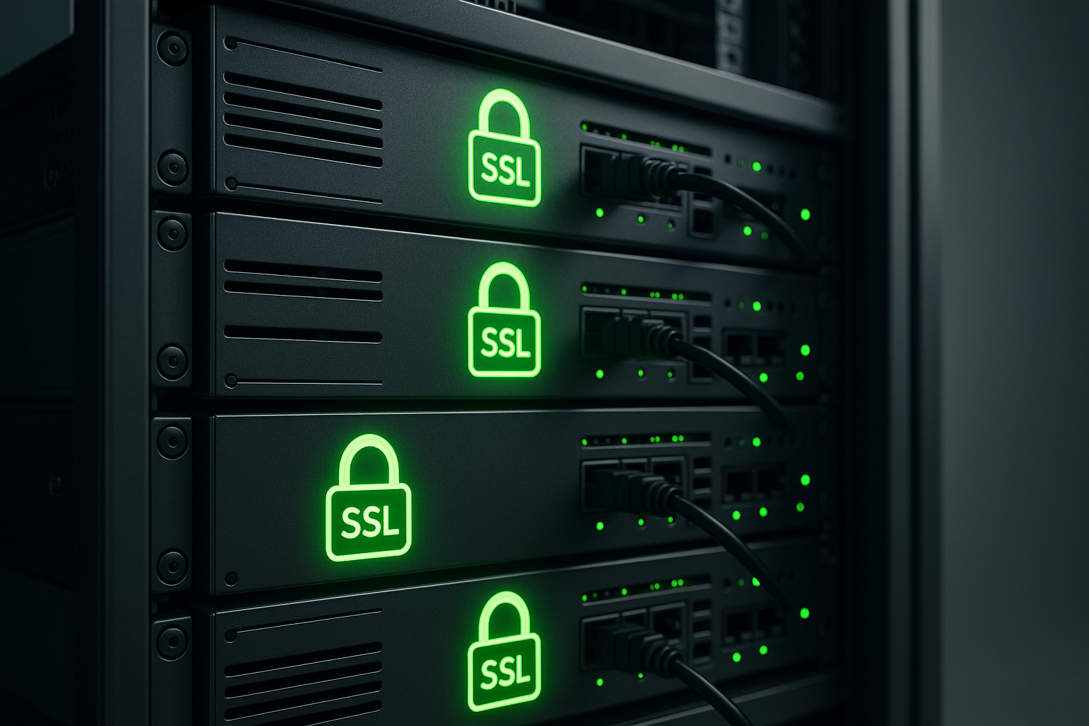 Représentation photoréaliste de serveurs avec icônes de cryptage SSL pour l'hébergement