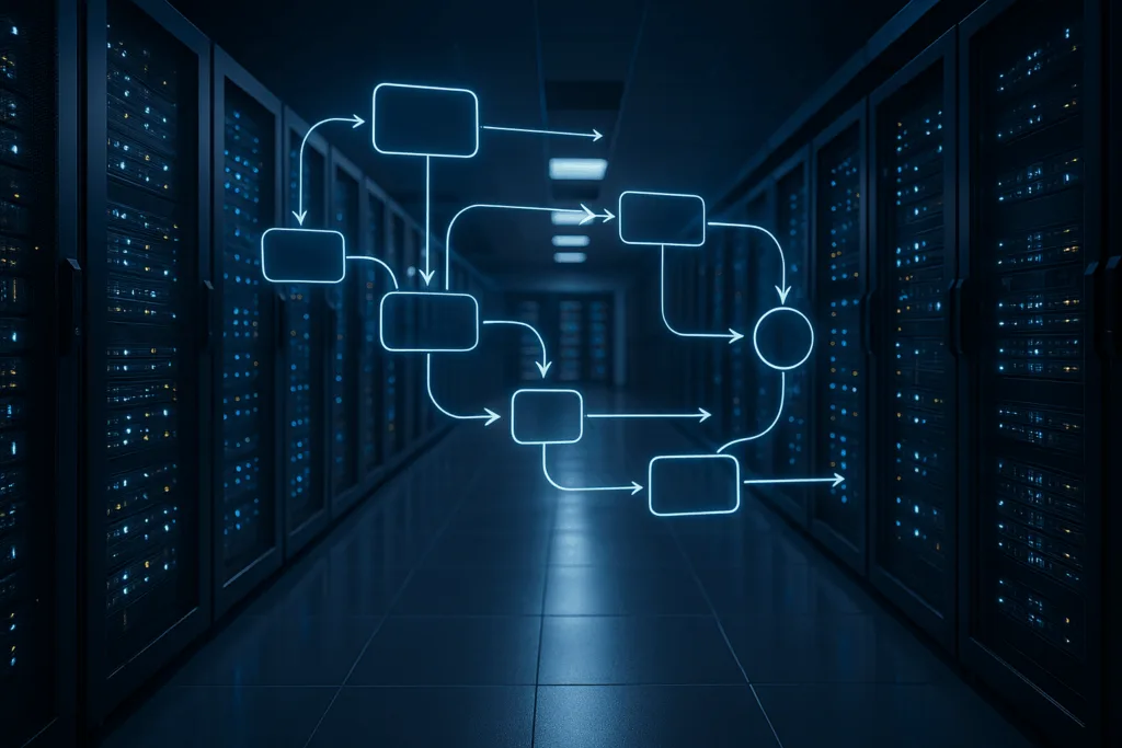 Centre de données avec racks de serveurs et flux de données DNS illustratif