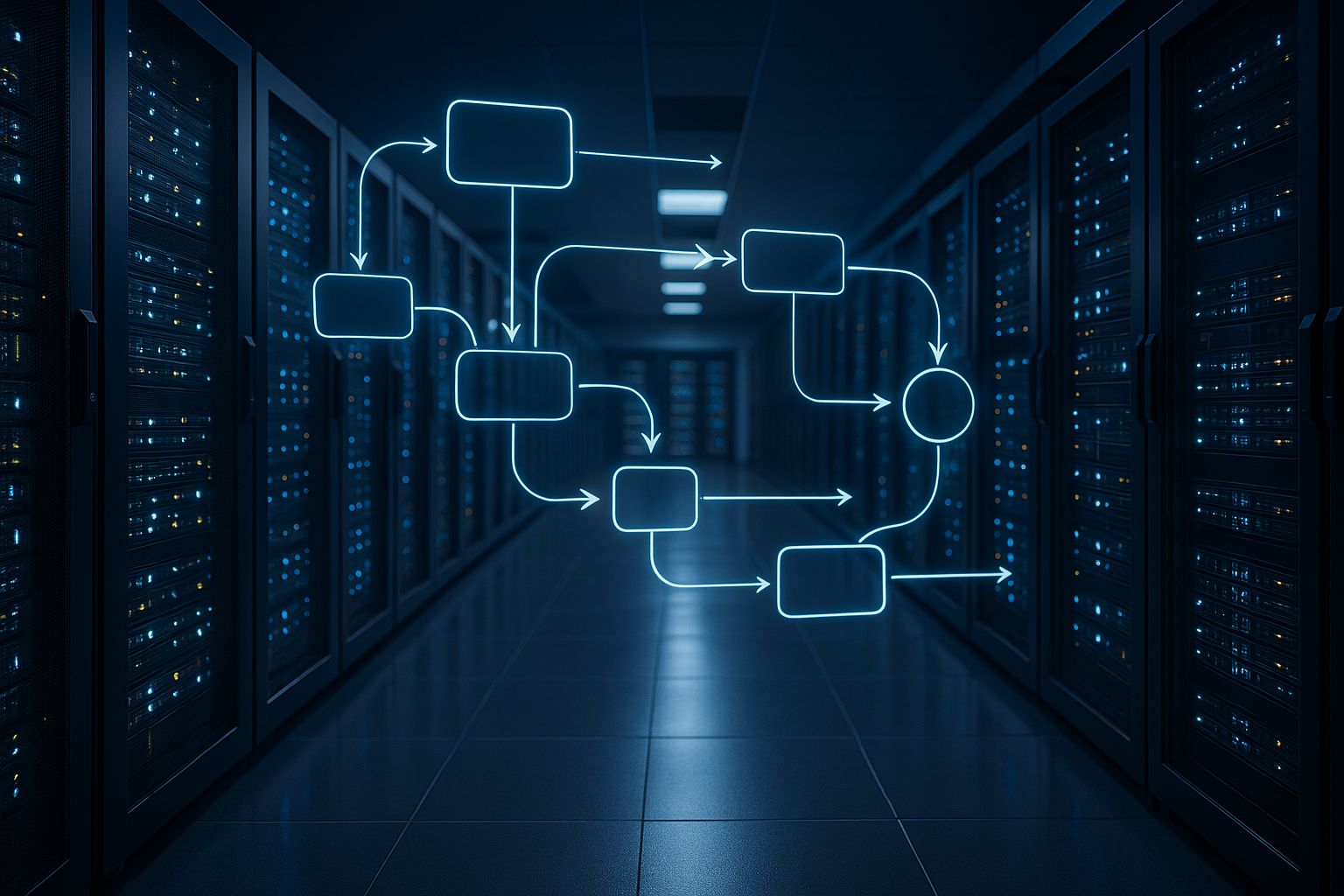 Centre de données avec racks de serveurs et flux de données DNS illustratif