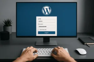 Image photoréaliste : clavier et ordinateur avec connexion WordPress - Protection et sécurité
