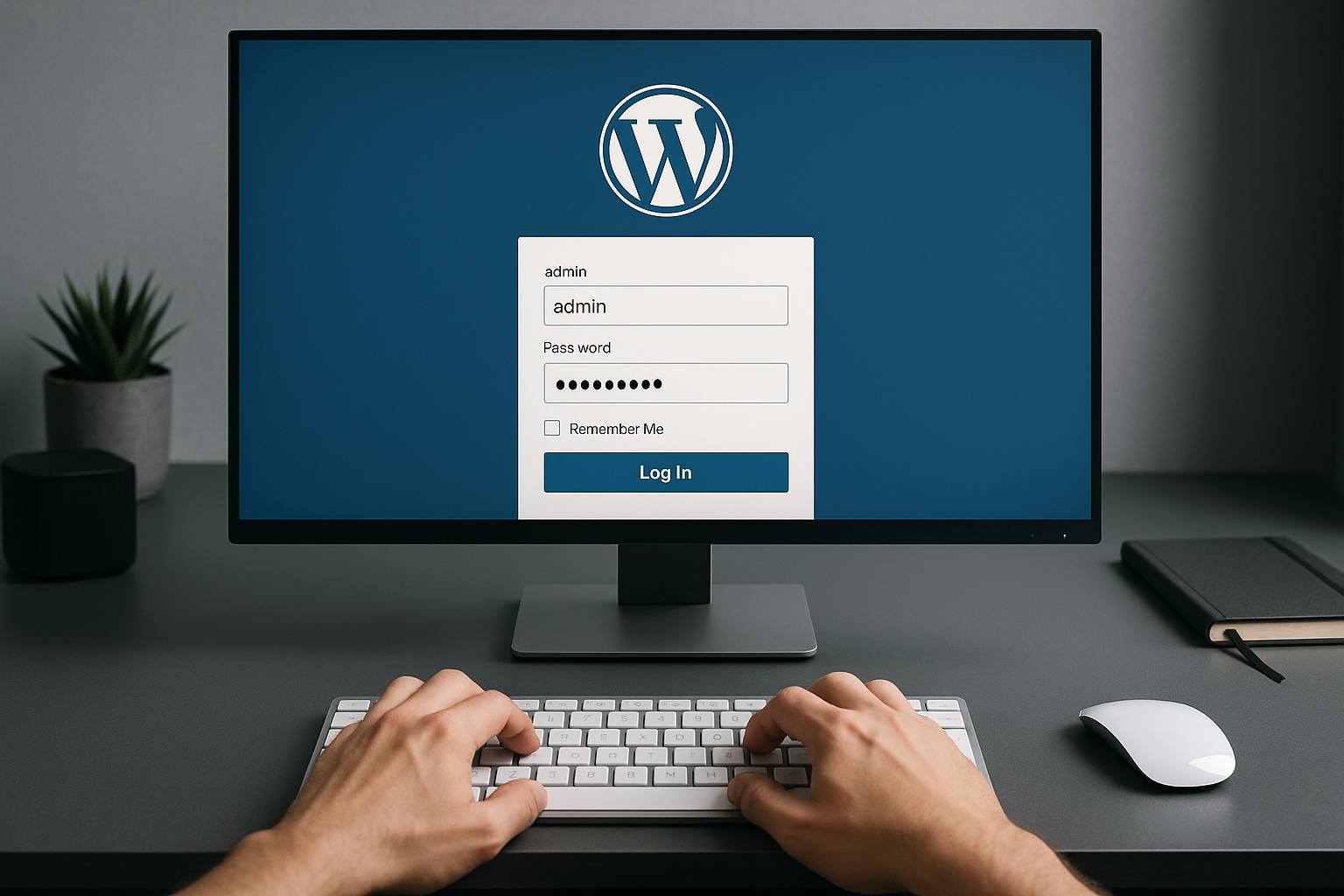 Image photoréaliste : clavier et ordinateur avec connexion WordPress - Protection et sécurité