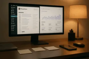 Bureau avec Google Search Console et WordPress Dashboard ouverts dans un bureau moderne