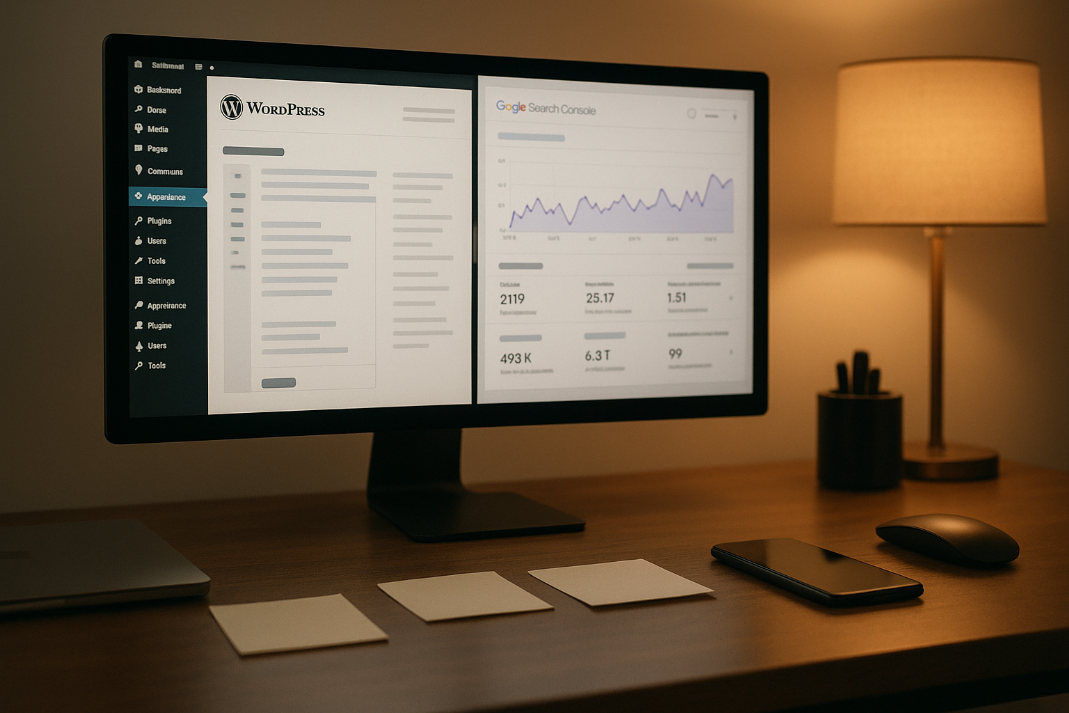 Bureau avec Google Search Console et WordPress Dashboard ouverts dans un bureau moderne