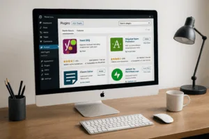 Bureau moderne avec fonction de recherche WordPress et plugins optimisés