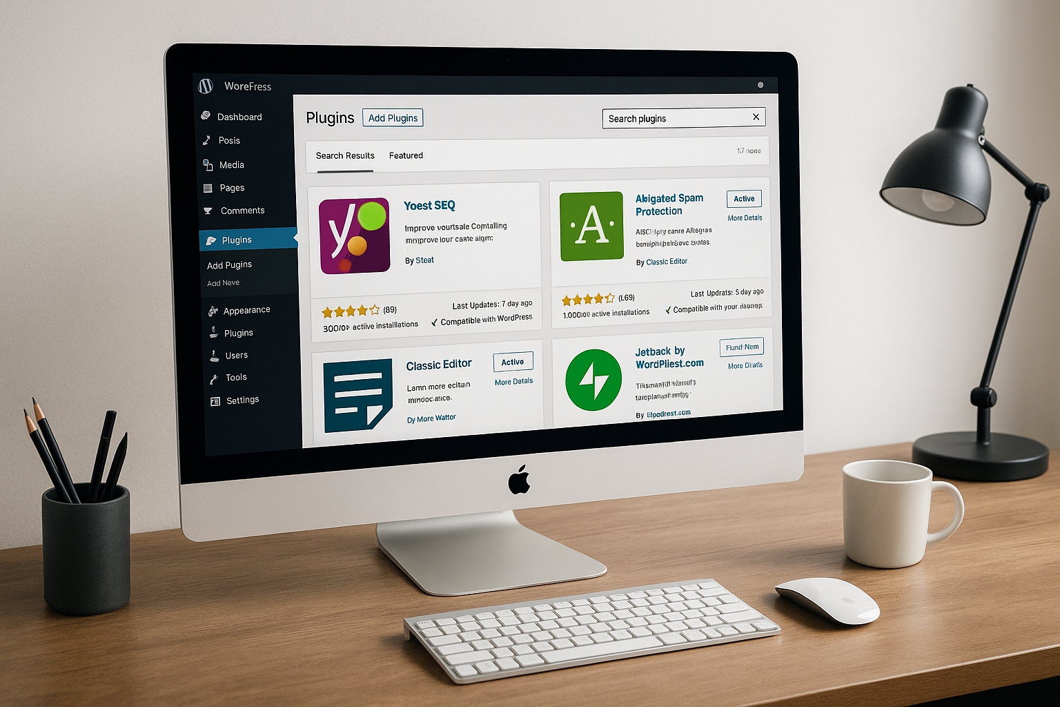 Bureau moderne avec fonction de recherche WordPress et plugins optimisés