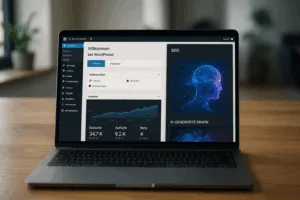 Ordinateur portable futuriste avec WordPress et outils SEO d'intelligence artificielle en action, photoréaliste.