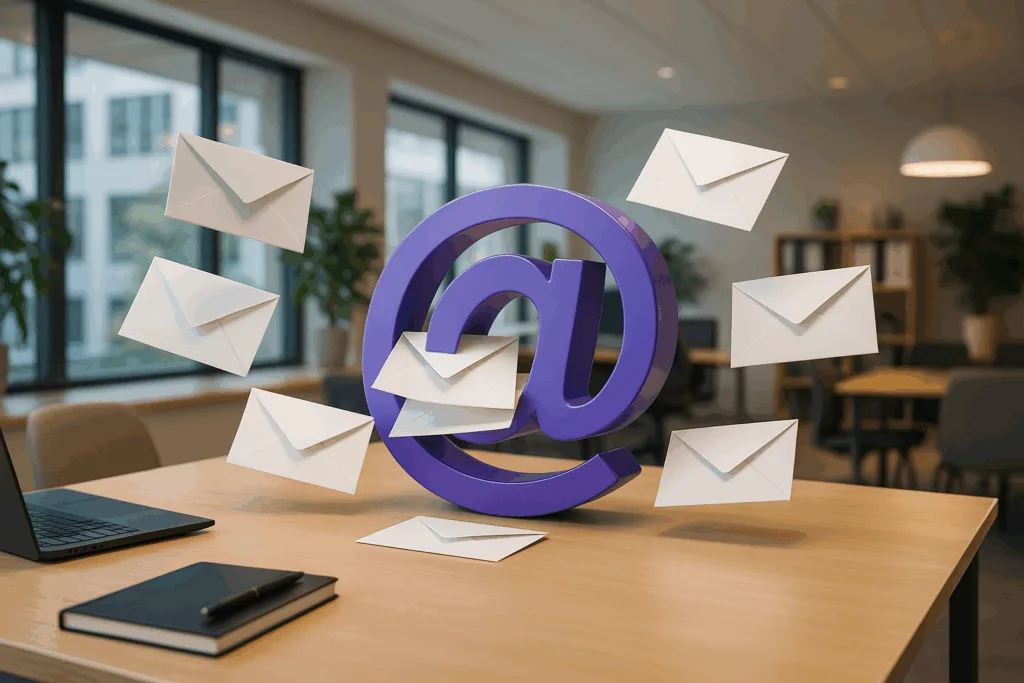 Bureau avec icône d'e-mail "catch all", représentation photoréaliste