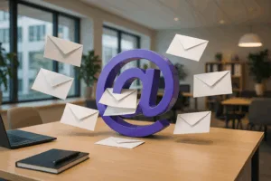 Bureau avec icône d'e-mail "catch all", représentation photoréaliste