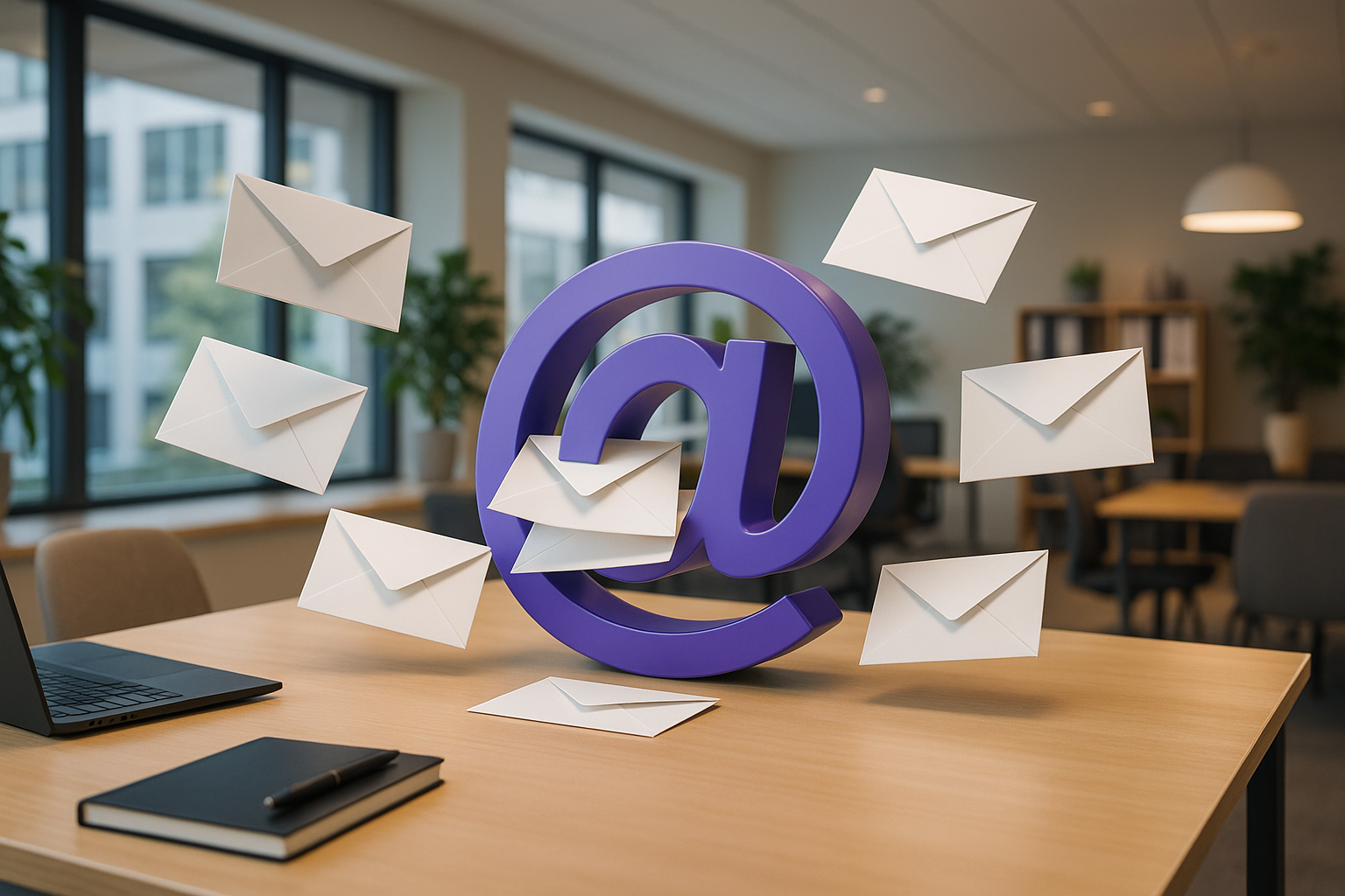 Bureau avec icône d'e-mail "catch all", représentation photoréaliste