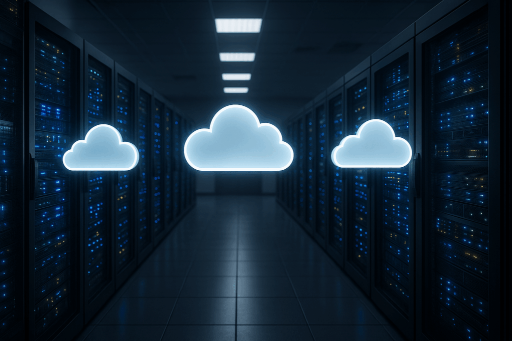 Infrastructure moderne de serveurs en nuage avec racks de serveurs et nuage numérique