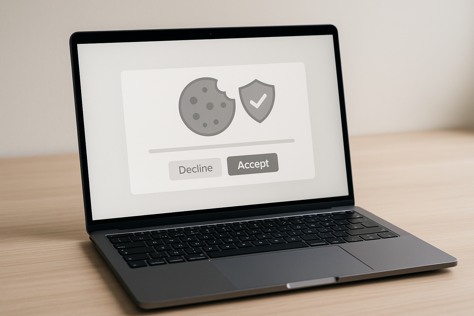 Ordinateur portable moderne avec navigateur ouvert et bannière de cookie respectueuse de la vie privée à l'écran