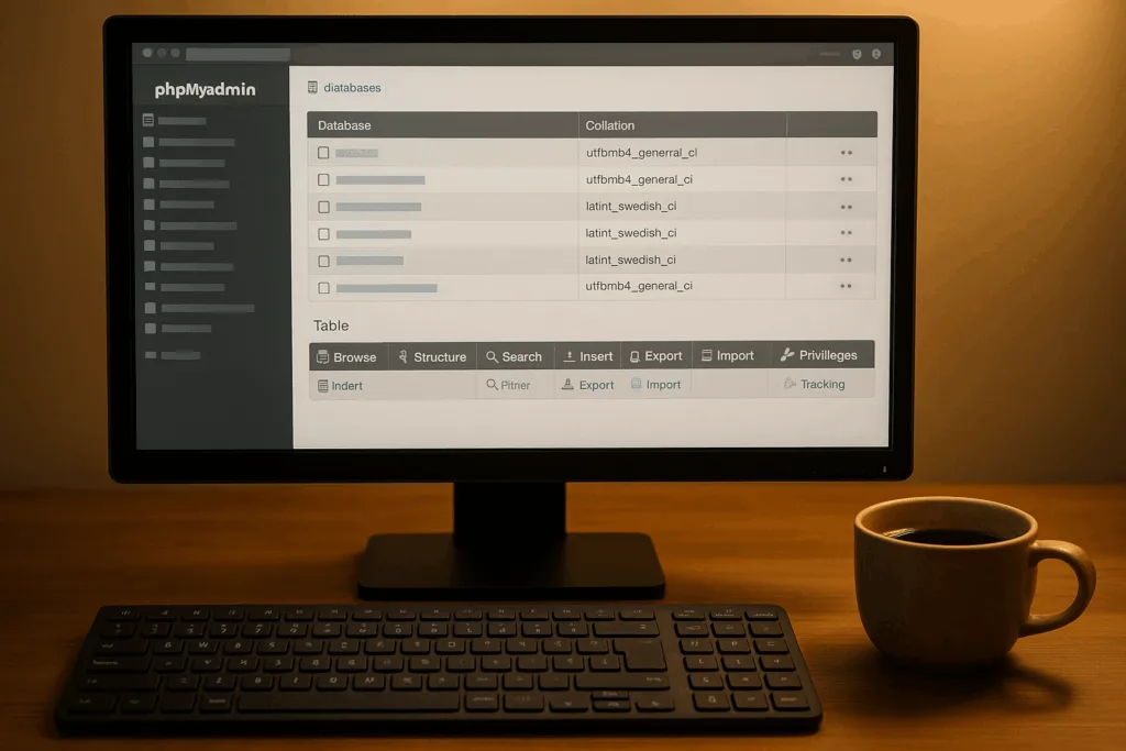 Ordinateur avec phpMyAdmin ouvert et clavier, espace de travail moderne