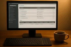 Ordinateur avec phpMyAdmin ouvert et clavier, espace de travail moderne