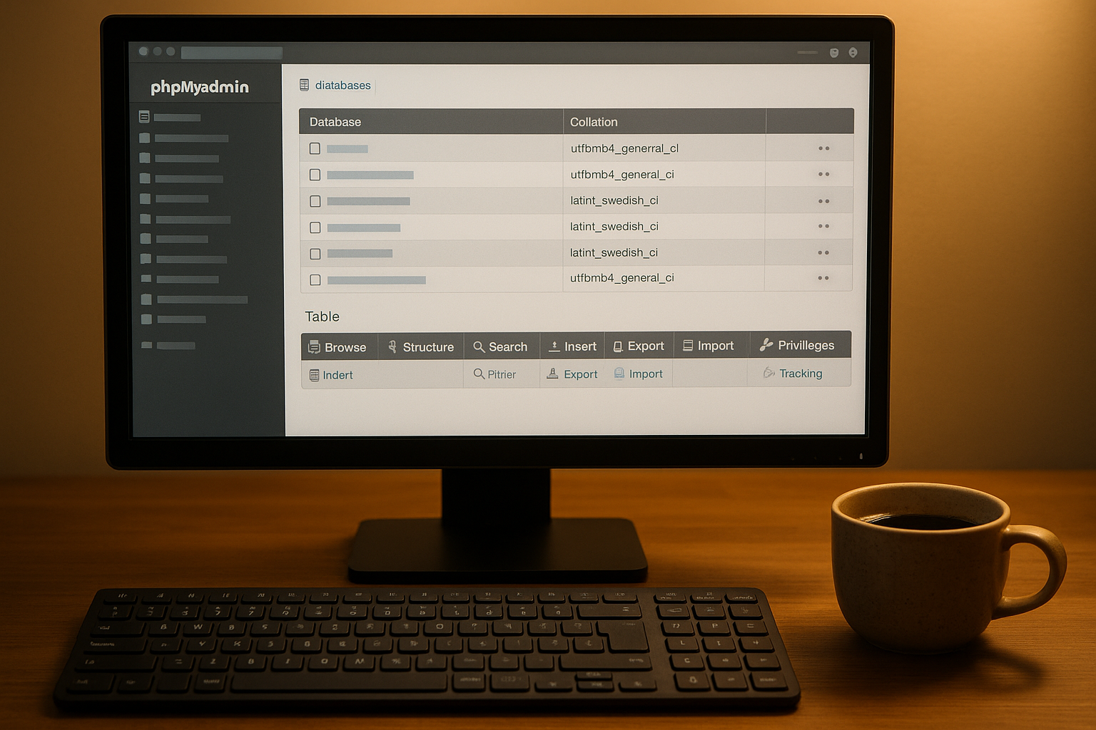 Ordinateur avec phpMyAdmin ouvert et clavier, espace de travail moderne