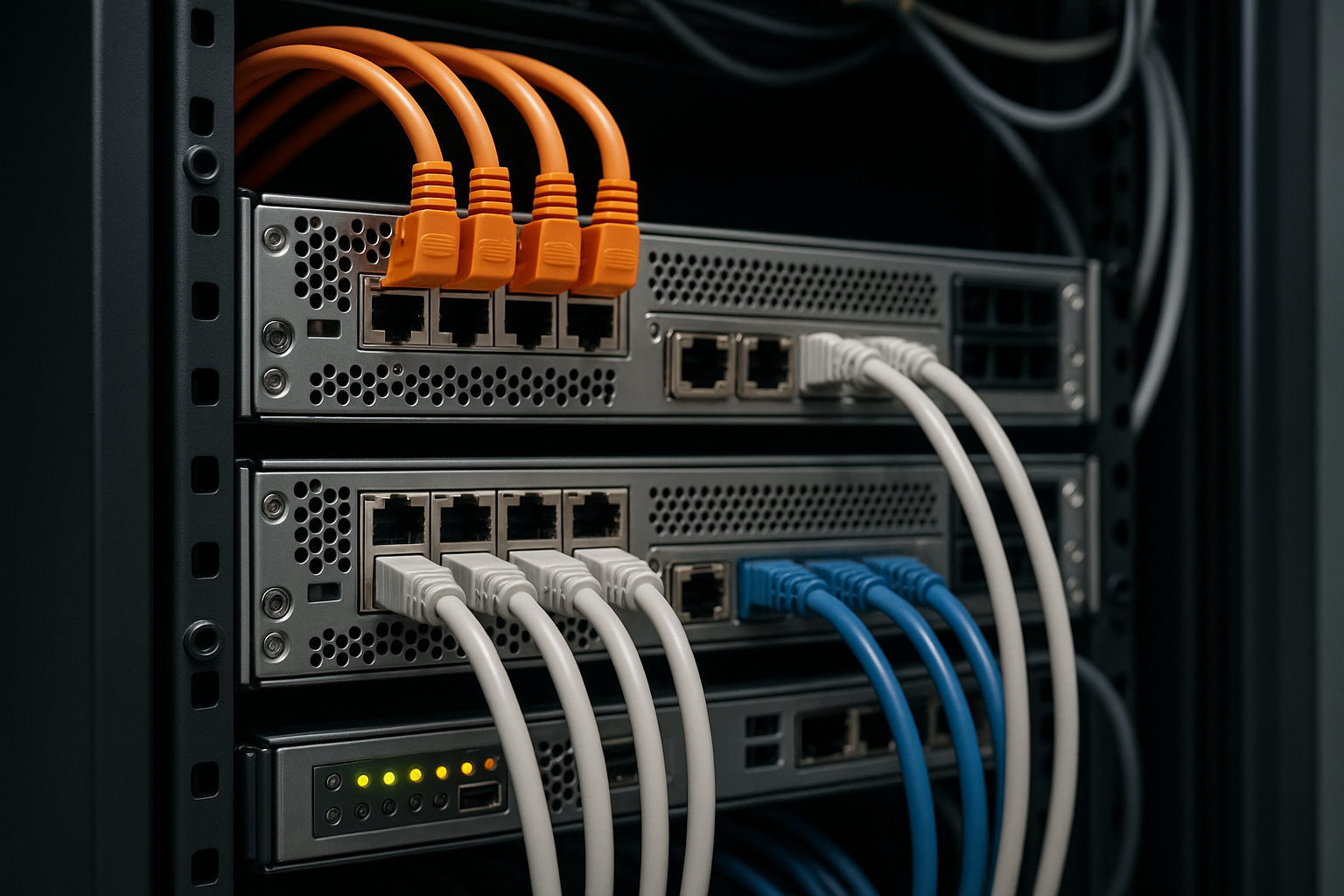 Rack de serveurs avec câbles réseau dans le centre de données pour la configuration DNS