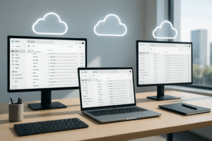Bureau moderne avec moniteurs et interface d'hébergement des e-mails 2025