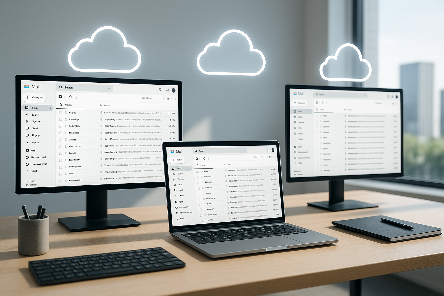 Bureau moderne avec moniteurs et interface d'hébergement des e-mails 2025