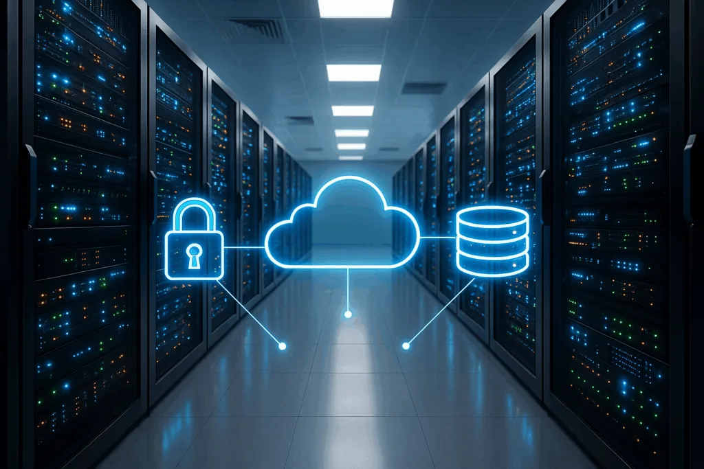 Centre de données moderne avec racks de serveurs et infrastructure cloud
