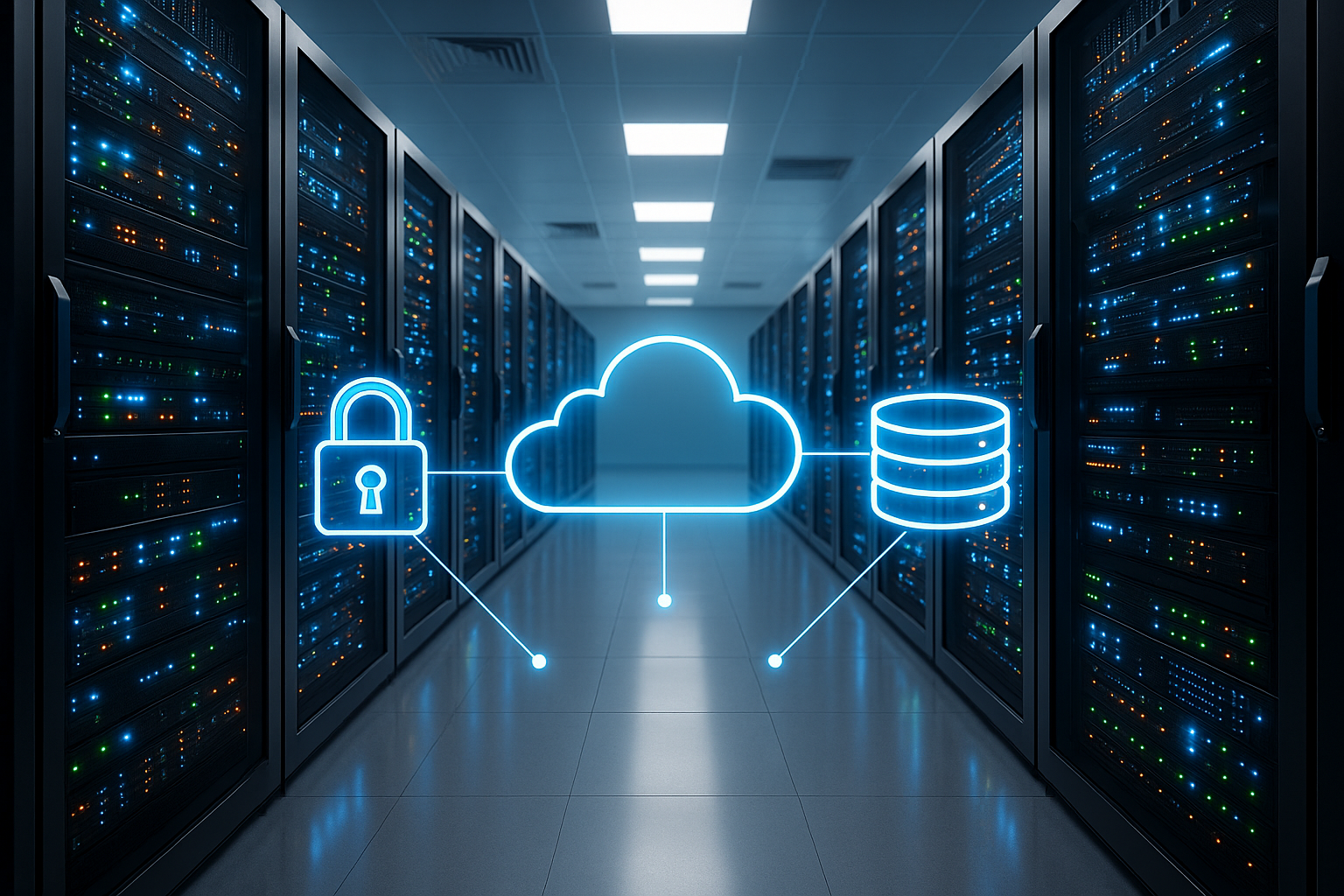 Centre de données moderne avec racks de serveurs et infrastructure cloud