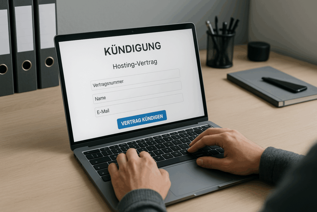 Une personne résilie son contrat d'hébergement All-Inkl en ligne sur son ordinateur portable.