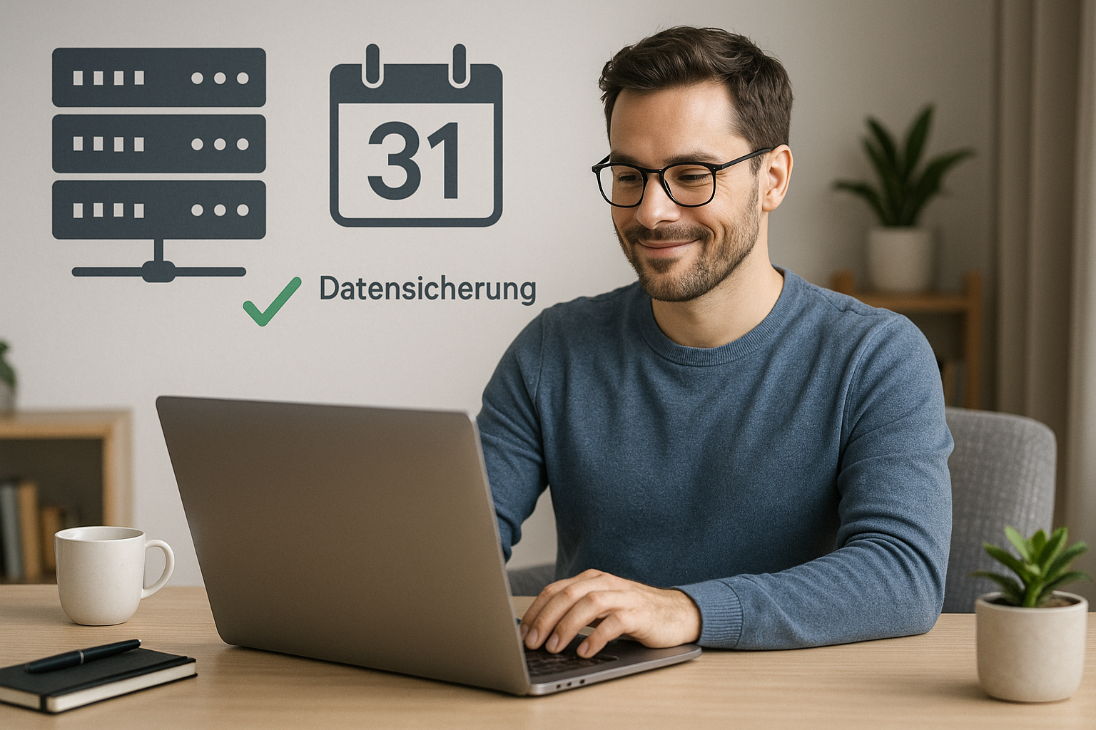 L'opérateur du site web vérifie le contrat d'hébergement avec un ordinateur portable et des icônes de serveur.