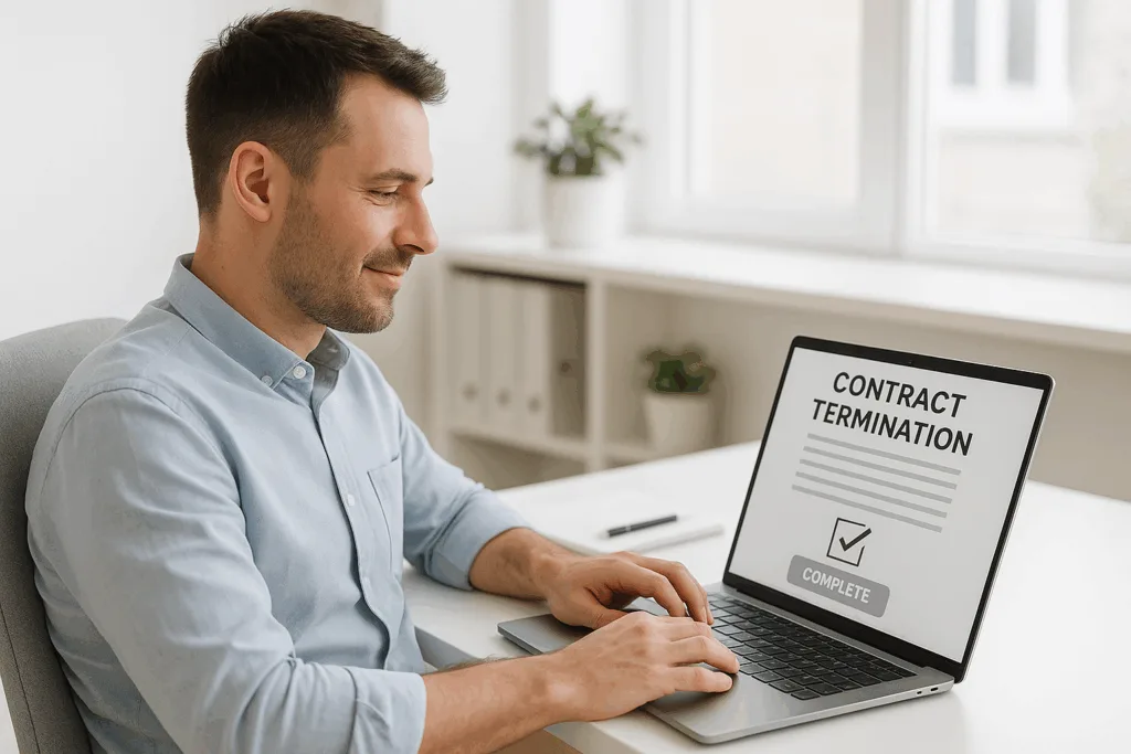 Poste de travail de bureau avec ordinateur portable et personne lors de la résiliation de l'hébergement