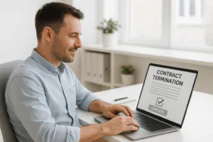 Poste de travail de bureau avec ordinateur portable et personne lors de la résiliation de l'hébergement