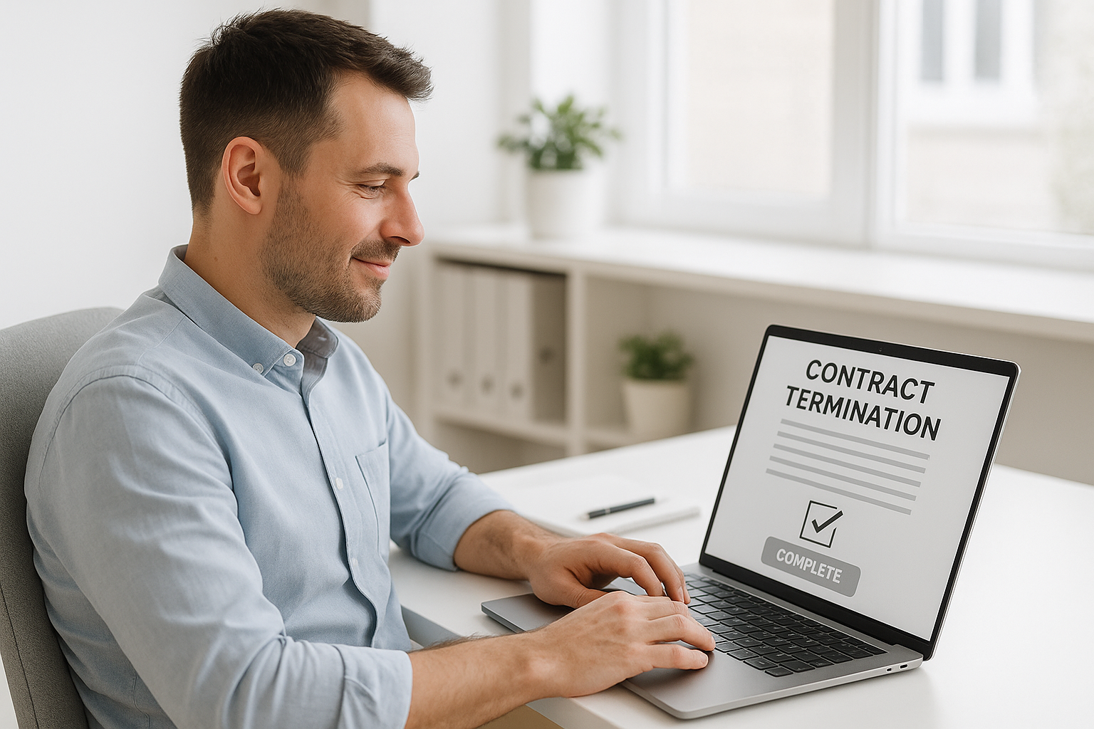 Poste de travail de bureau avec ordinateur portable et personne lors de la résiliation de l'hébergement