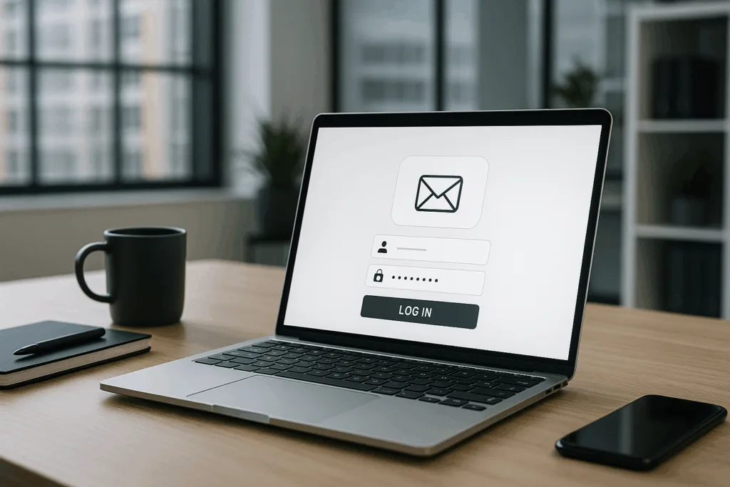 Environnement de travail moderne avec ordinateur portable et fenêtre de connexion au site web