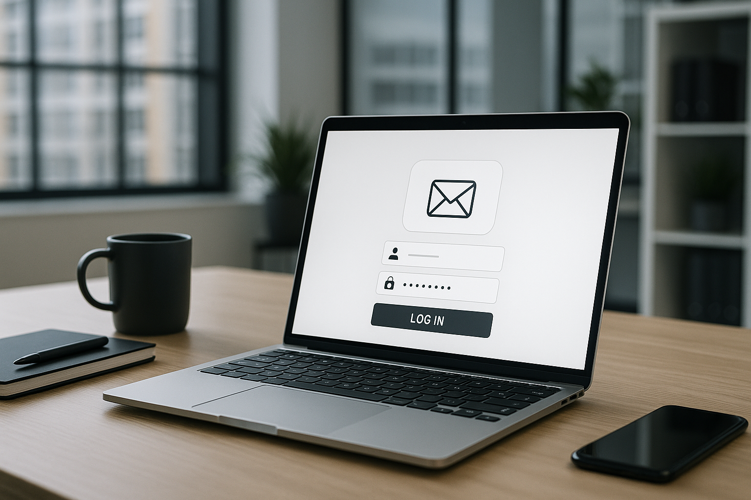 Environnement de travail moderne avec ordinateur portable et fenêtre de connexion au site web