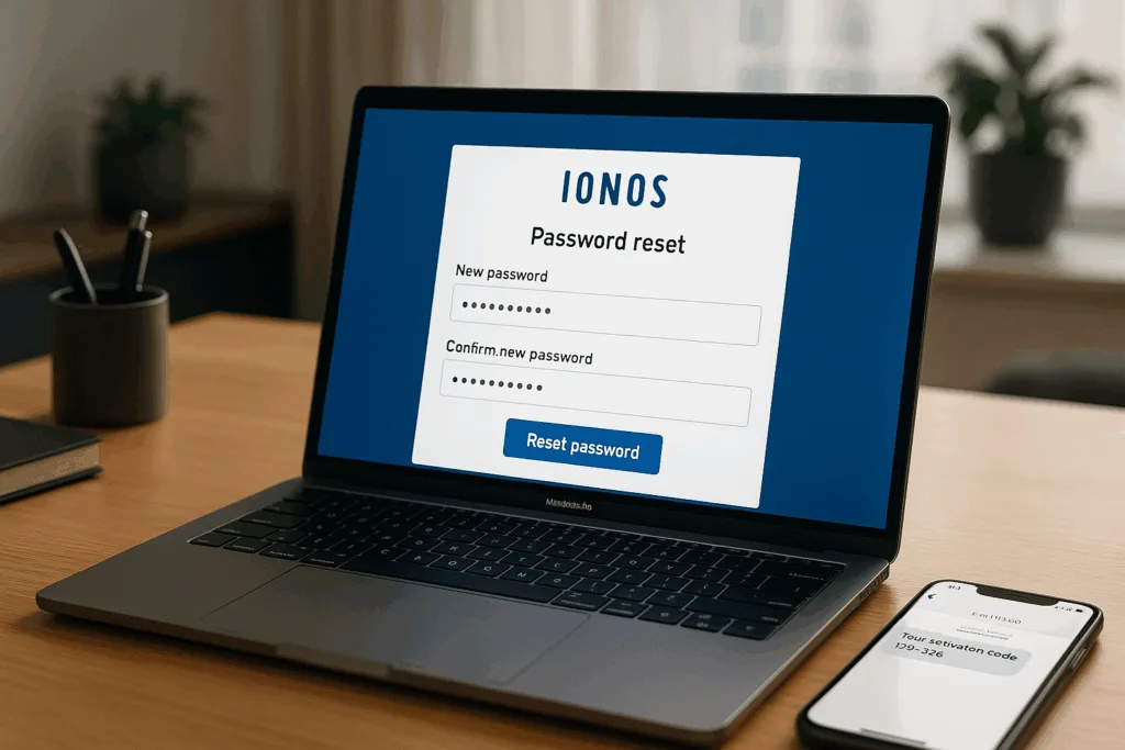 Réinitialisation du mot de passe IONOS sur un ordinateur portable avec un smartphone et un environnement de travail moderne