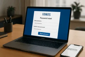 Réinitialisation du mot de passe IONOS sur un ordinateur portable avec un smartphone et un environnement de travail moderne