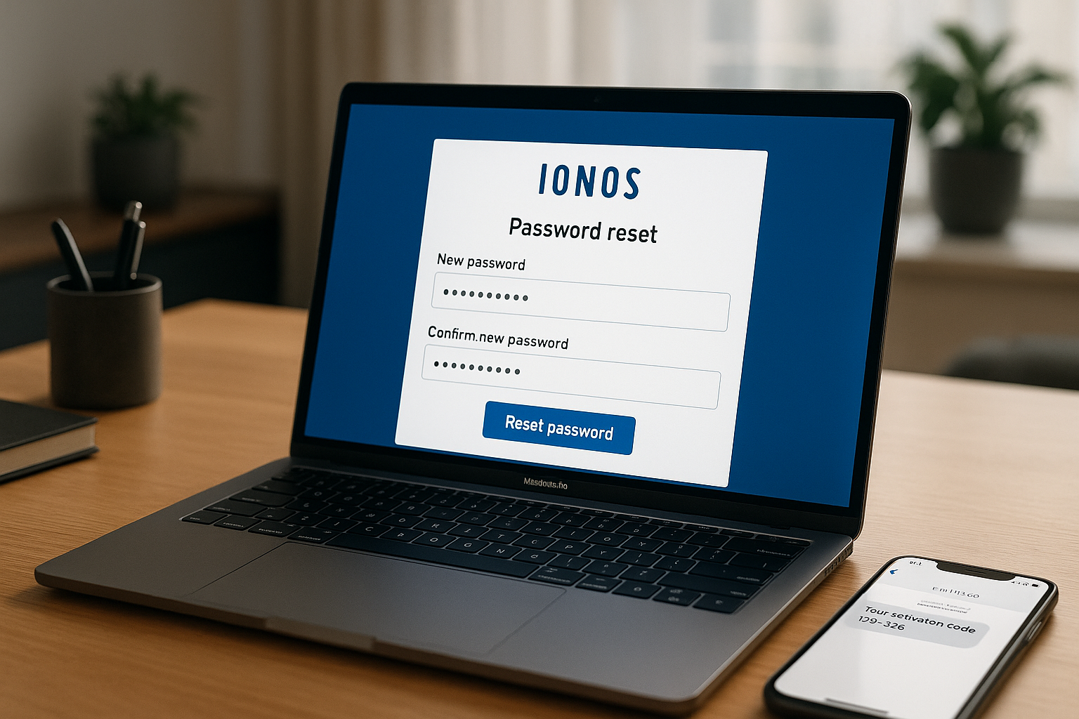 Réinitialisation du mot de passe IONOS sur un ordinateur portable avec un smartphone et un environnement de travail moderne