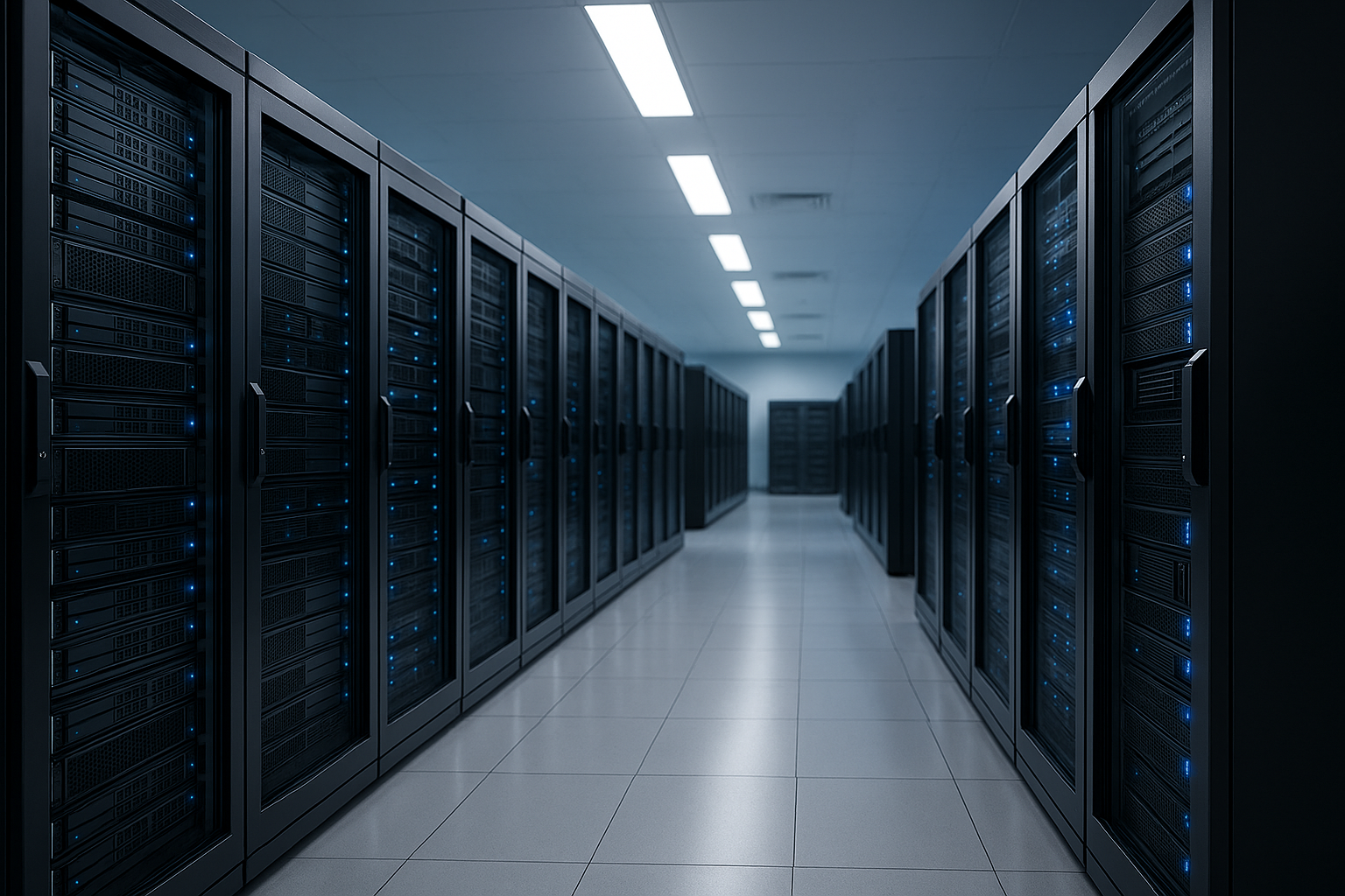 Racks de serveurs modernes dans un centre de données avec éclairage bleu