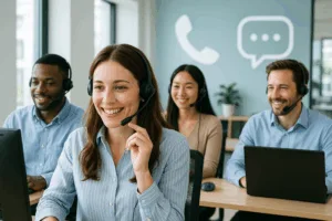 L'équipe du service clientèle d'un fournisseur d'hébergement en discussion avec des clients