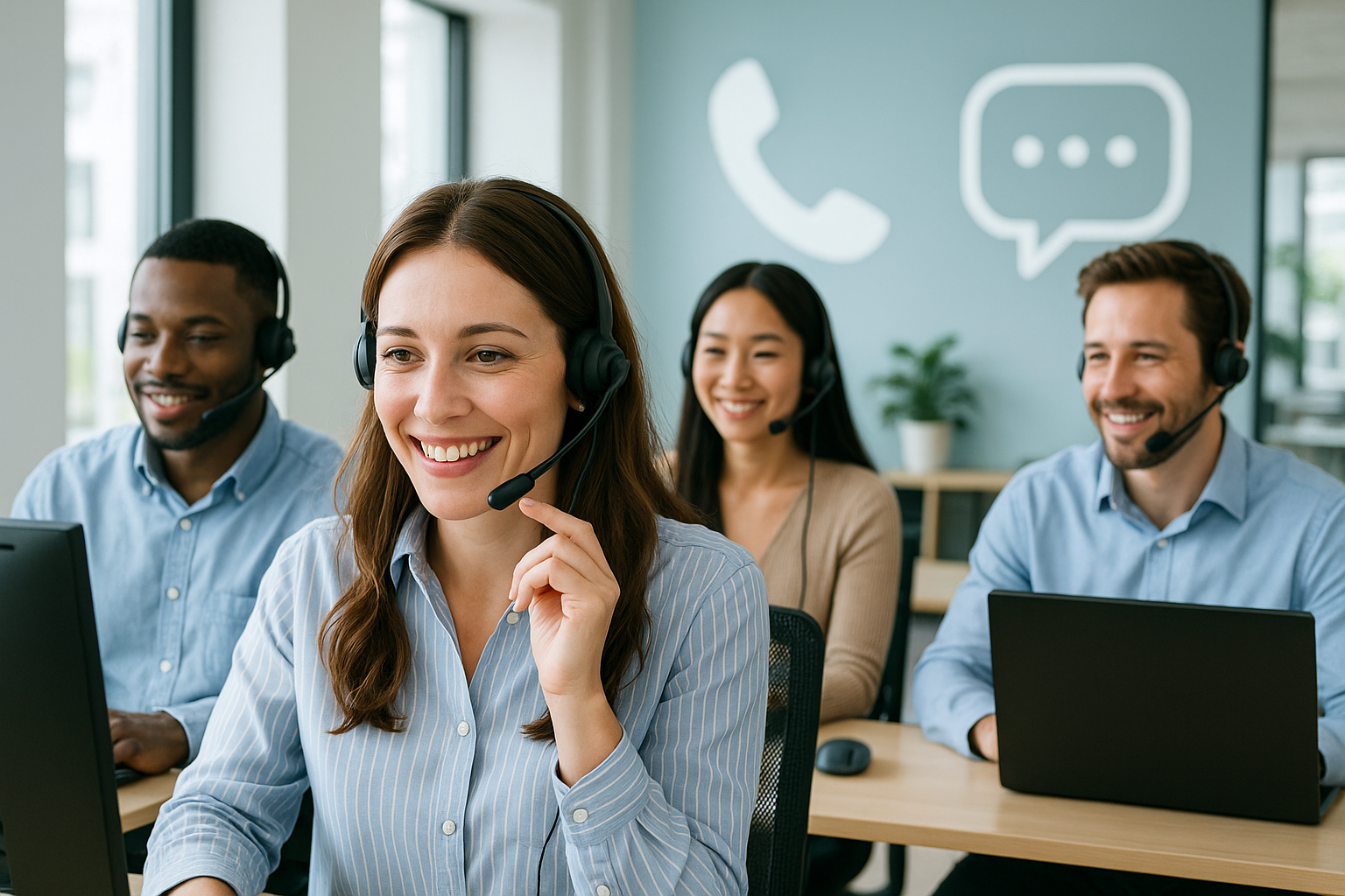 L'équipe du service clientèle d'un fournisseur d'hébergement en discussion avec des clients