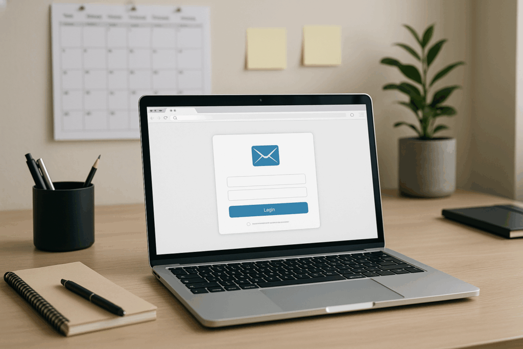 Bureau avec ordinateur portable ouvert et connexion au webmail IONOS dans un bureau moderne, style business