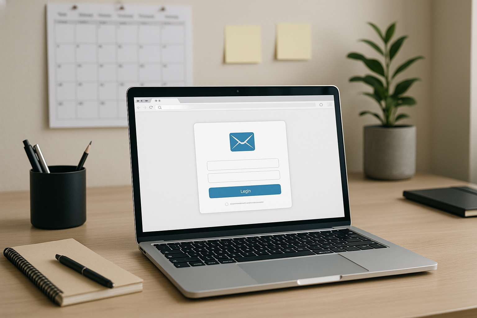Bureau avec ordinateur portable ouvert et connexion au webmail IONOS dans un bureau moderne, style business