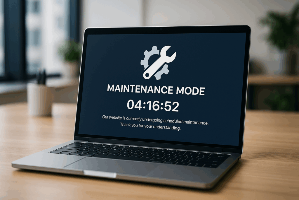 Mode maintenance sur un ordinateur portable avec compte à rebours et texte d'avertissement