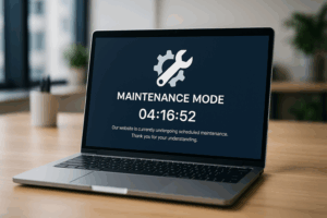 Mode maintenance sur un ordinateur portable avec compte à rebours et texte d'avertissement