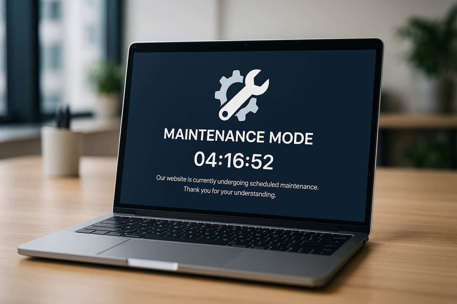 Mode maintenance sur un ordinateur portable avec compte à rebours et texte d'avertissement