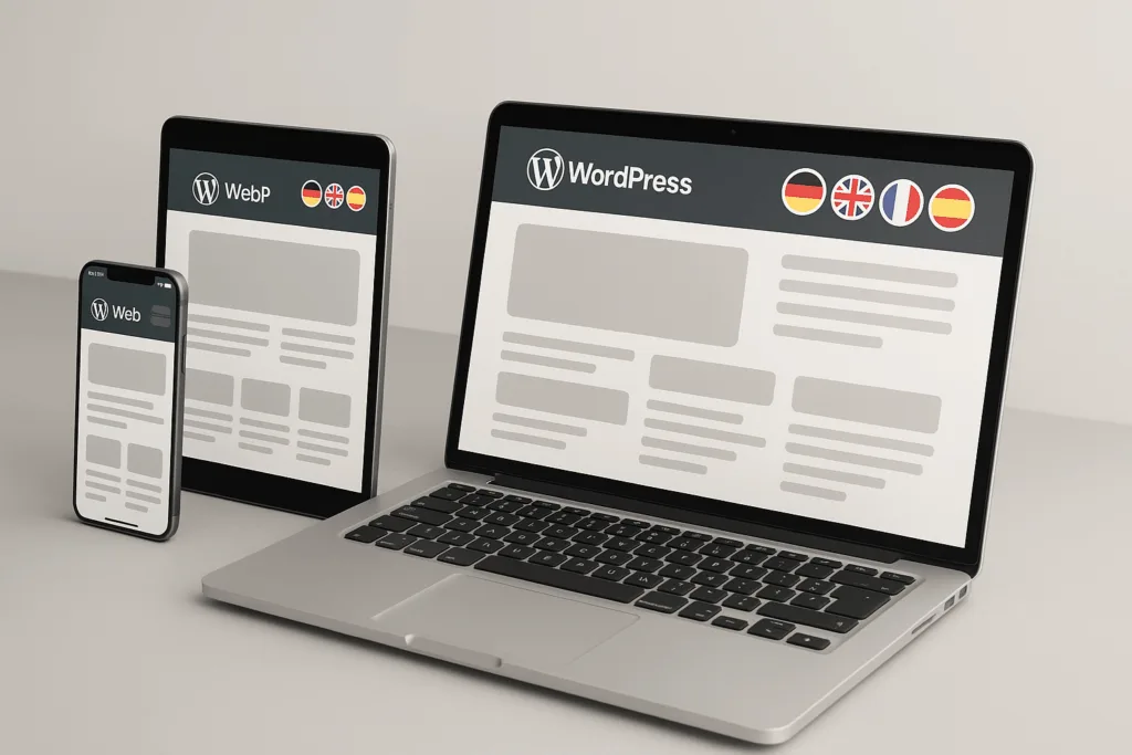 Présentation professionnelle d'un site web multilingue wordpress sur différents terminaux avec des drapeaux internationaux