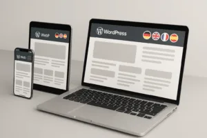 Présentation professionnelle d'un site web multilingue wordpress sur différents terminaux avec des drapeaux internationaux