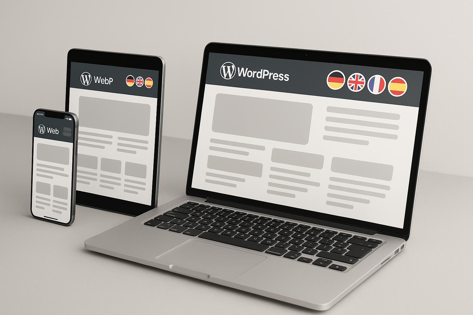 Présentation professionnelle d'un site web multilingue wordpress sur différents terminaux avec des drapeaux internationaux